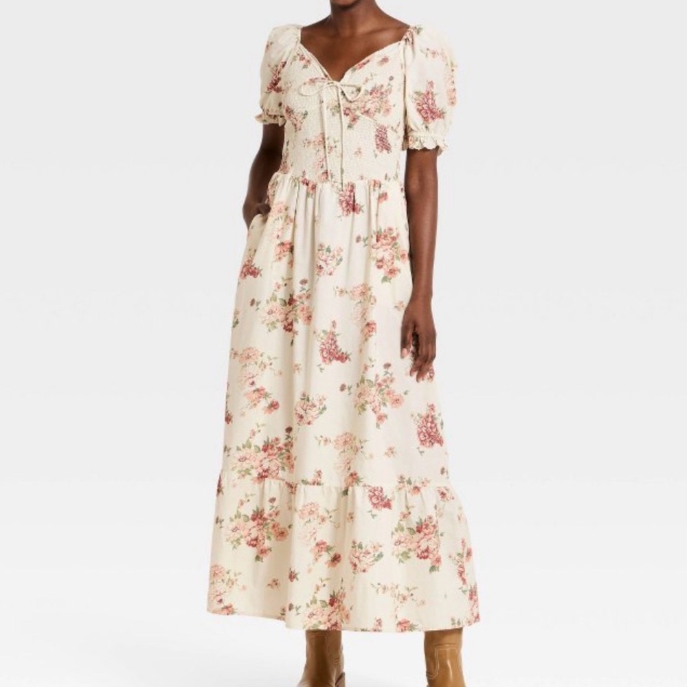 Floral Smocked Maxi Dress in Cream and Pink